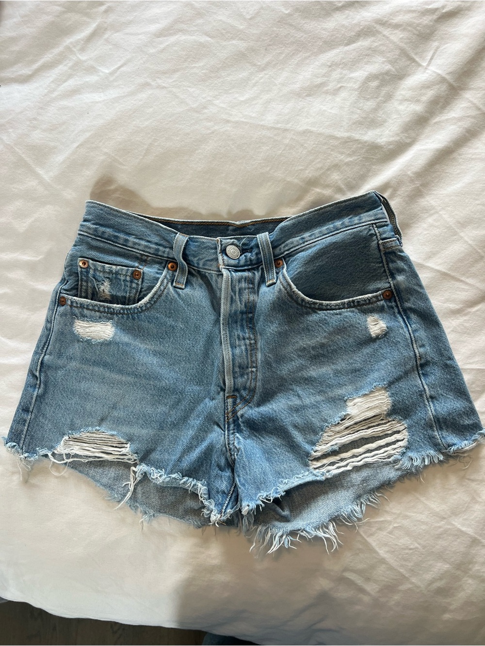 Classic Distressed Denim Shorts - Light Blue